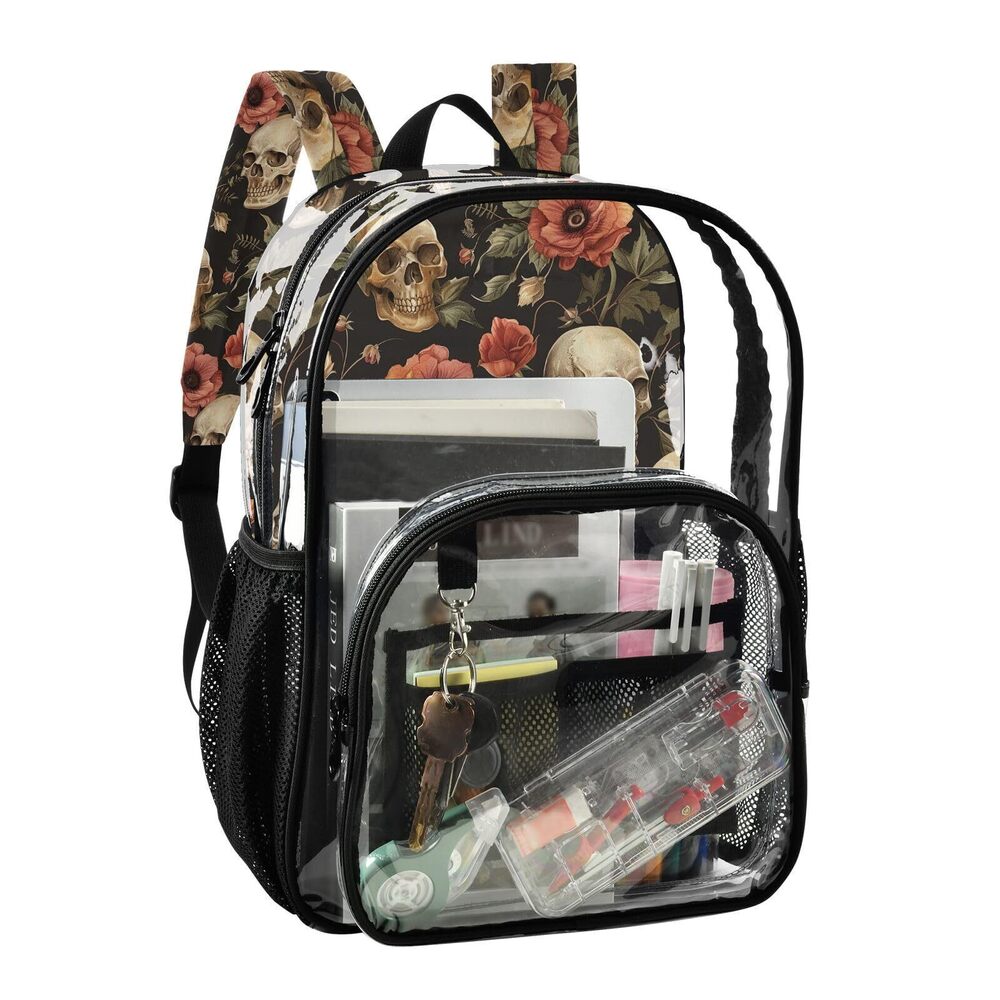 4135 Retro Skull Flowers Clear Backpack PVC Transparent Causal Daypack - Picture 2 of 6